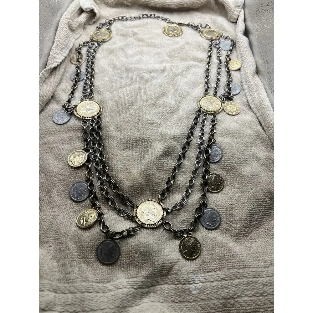 Vtg 1960s Napoleon III Coin Festoon Necklace Multi Strand Revival Runway Piece